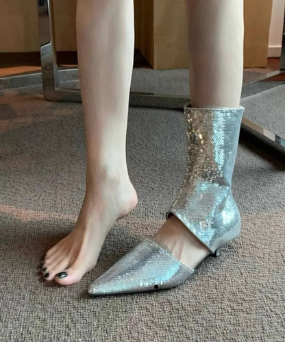 Stylish Silver Sequins Hollow Out Pointed Toe Sandals Boots Oi045