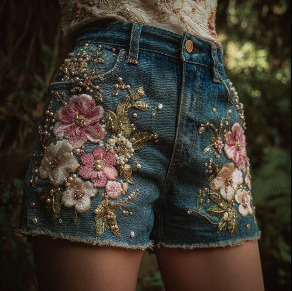 Women's Bohemian Style Three-dimensional Pink Flower Design Denim Shorts elevenforest