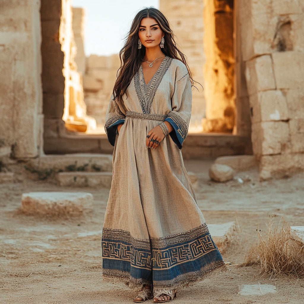 Retro Elegant Greek Key V Neck Linen Blend Maxi Dress elevenforest