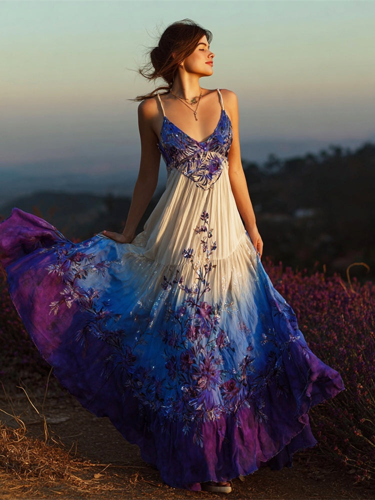 Vintage Boho Floral Gradient Embroidery Women's Spaghetti Strap Linen Maxi Dress elevenforest