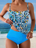 Women's Floral Art Print Summer Beach Halter Top And Solid Color Triangle Briefs Tankini Set