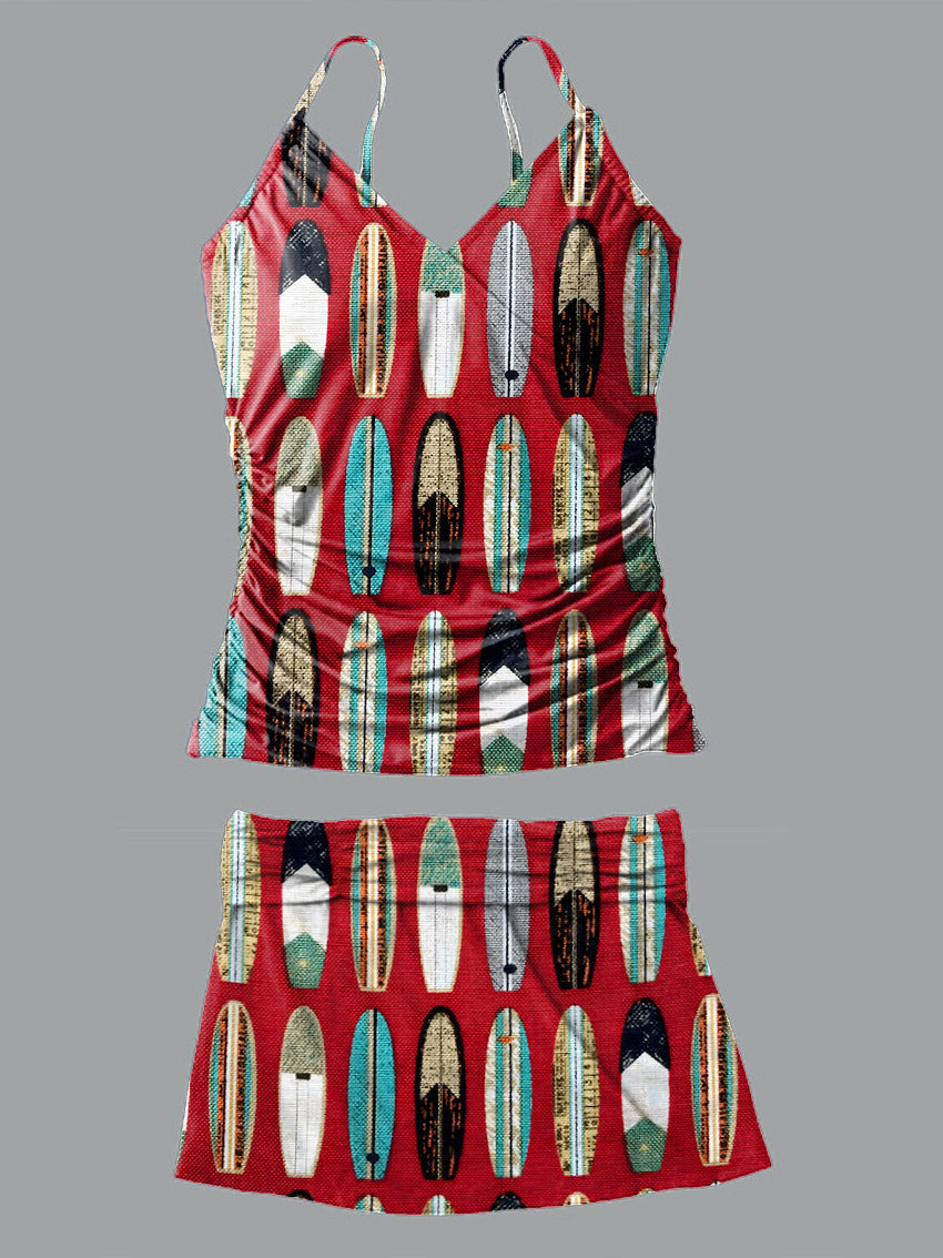 V-Neck Retro Hawaii Vacation Surfboard Pattern Print Suspender Skirt Tankini Pantskirt Set Swimsuit