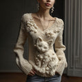 Women's Vintage Cute Cat Art Knitted Warm Cazy V Neck Sweater