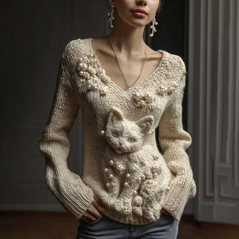 Women's Vintage Cute Cat Art Knitted Warm Cazy V Neck Sweater elevenforest