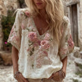 Women's Pink Rose Embroidery Art V-neck Short Sleeve Linen Blend T-shirt elevenforest