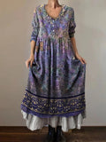 Women's Art Floral Hippie Vintage Print V Neck Dress