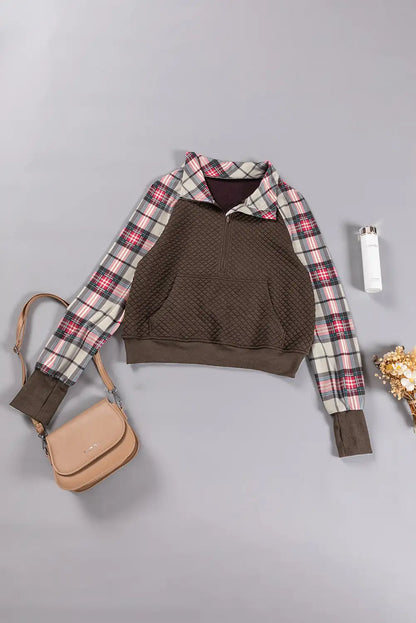 Khaki Plaid Patchwork Sweatshirt