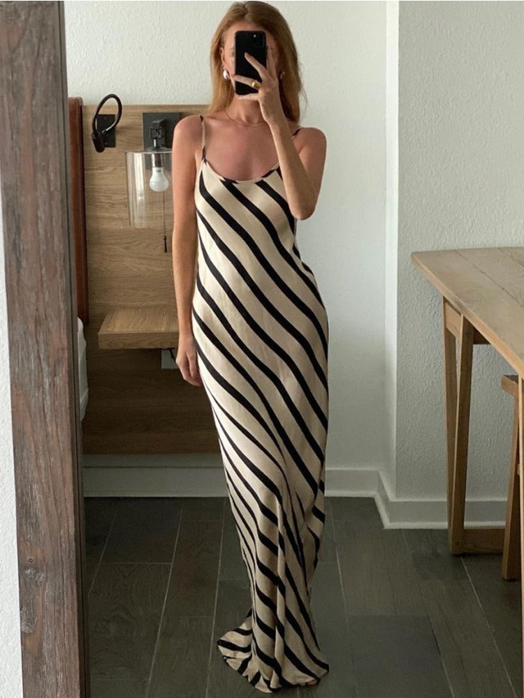Tossy Zebra Printed Halter Dresses Female Sleeveless Slim Loose Printed Striped Long Dress ’s Backless Maxi Dress