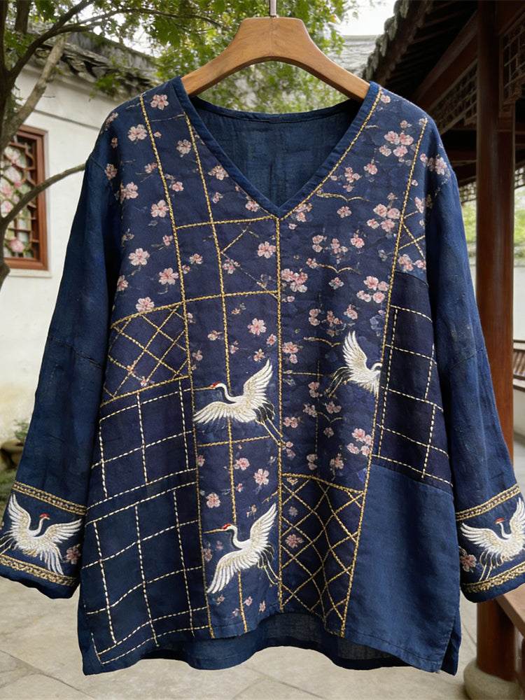 Comstylish Japanese Geometric Floral Patchwork Crane Pattern Women's Linen V-neck Shirt