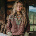 Women's Vacation Boho Tribal Ethnic Patterns Print V-neck Linen Blend Tops elevenforest