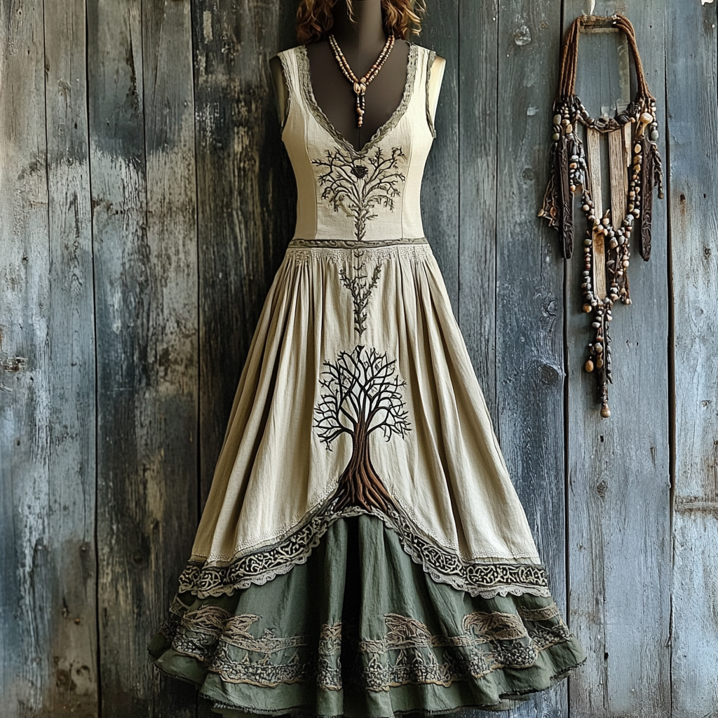 Women's Vintage Viking Tree Of Life Celtic Cotton And Linen V-neck Maxi Dress elevenforest