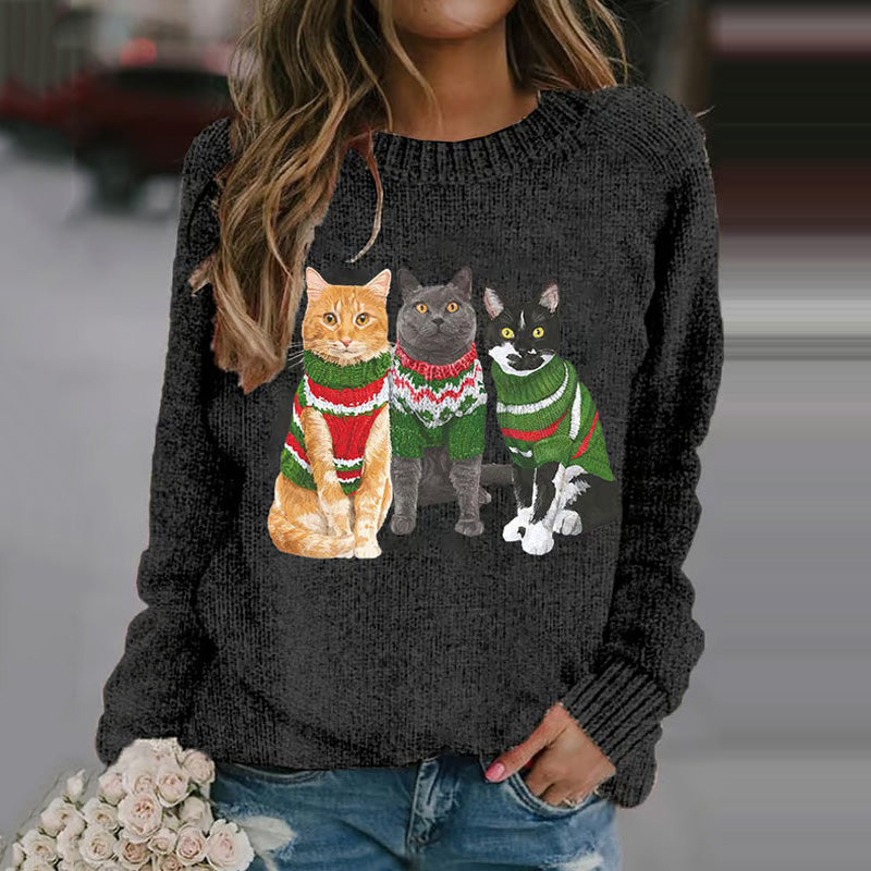 Comstylish Christmas Cat Print Cozy Knit Sweater