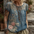 Women's Vintage Floral Embroidery Crew Neck T-shirt elevenforest