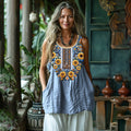 Women's Ukraine Sunflower Embroidery Art Linen Sleeveless Tank Top elevenforest