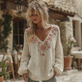 Women's Roses Print V-neck Linen Blend Long Sleeve T-shirt elevenforest