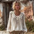 Boho Hydrangea Tassel Embroidery Women's Linen Long Sleeve Shirt elevenforest