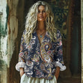 Paisley Art Print Cotton And Linen V-neck Loose Shirt elevenforest