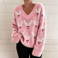 Comstylish Pink Christmas Reindeer Face Embroidered Plush Sweater
