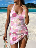 Circle Art Print Pleated Drawstring V-neck Tankini Pantskirt Set Swimsuit