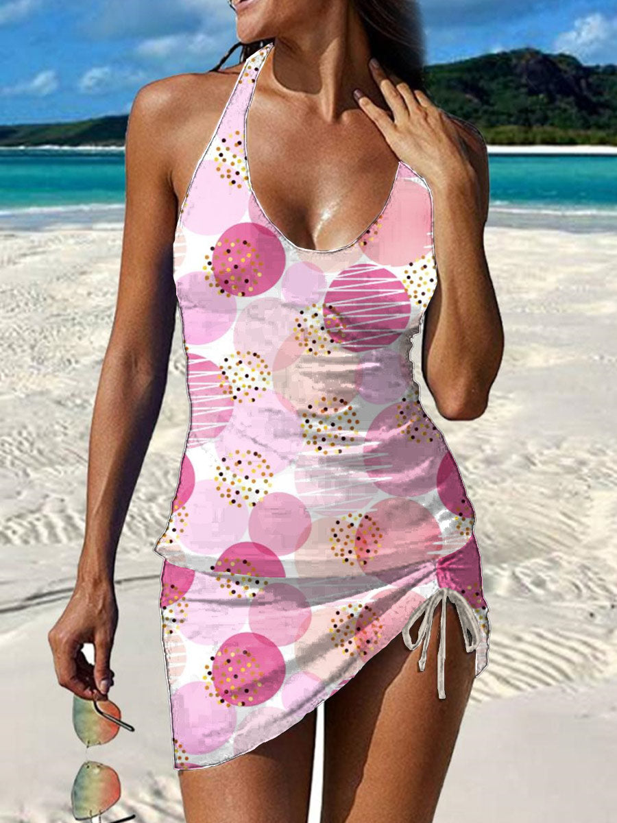 Circle Art Print Pleated Drawstring V-neck Tankini Pantskirt Set Swimsuit
