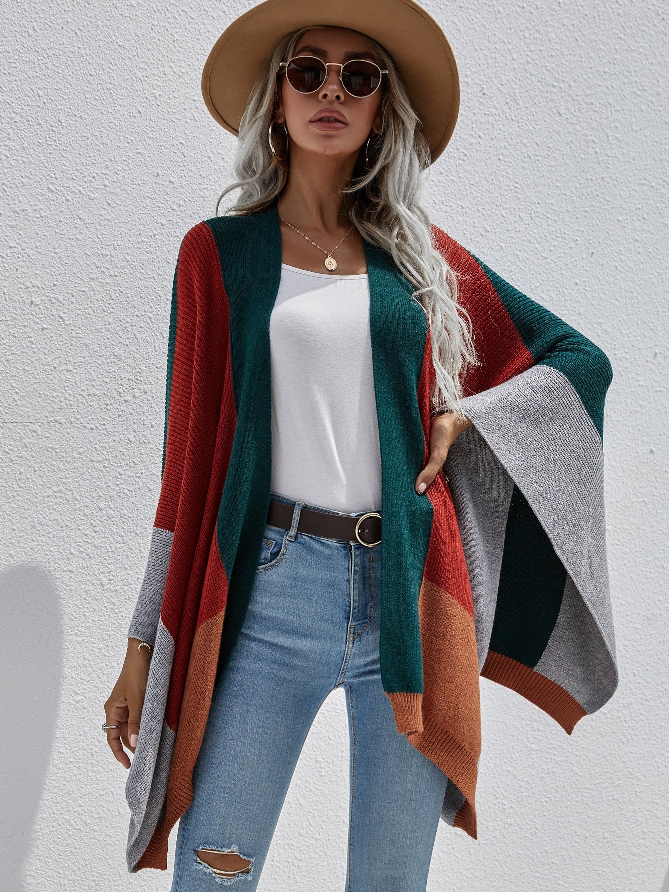 Autumn Winter Office Plaid Loose Knitted Cardigan Coat Sweater