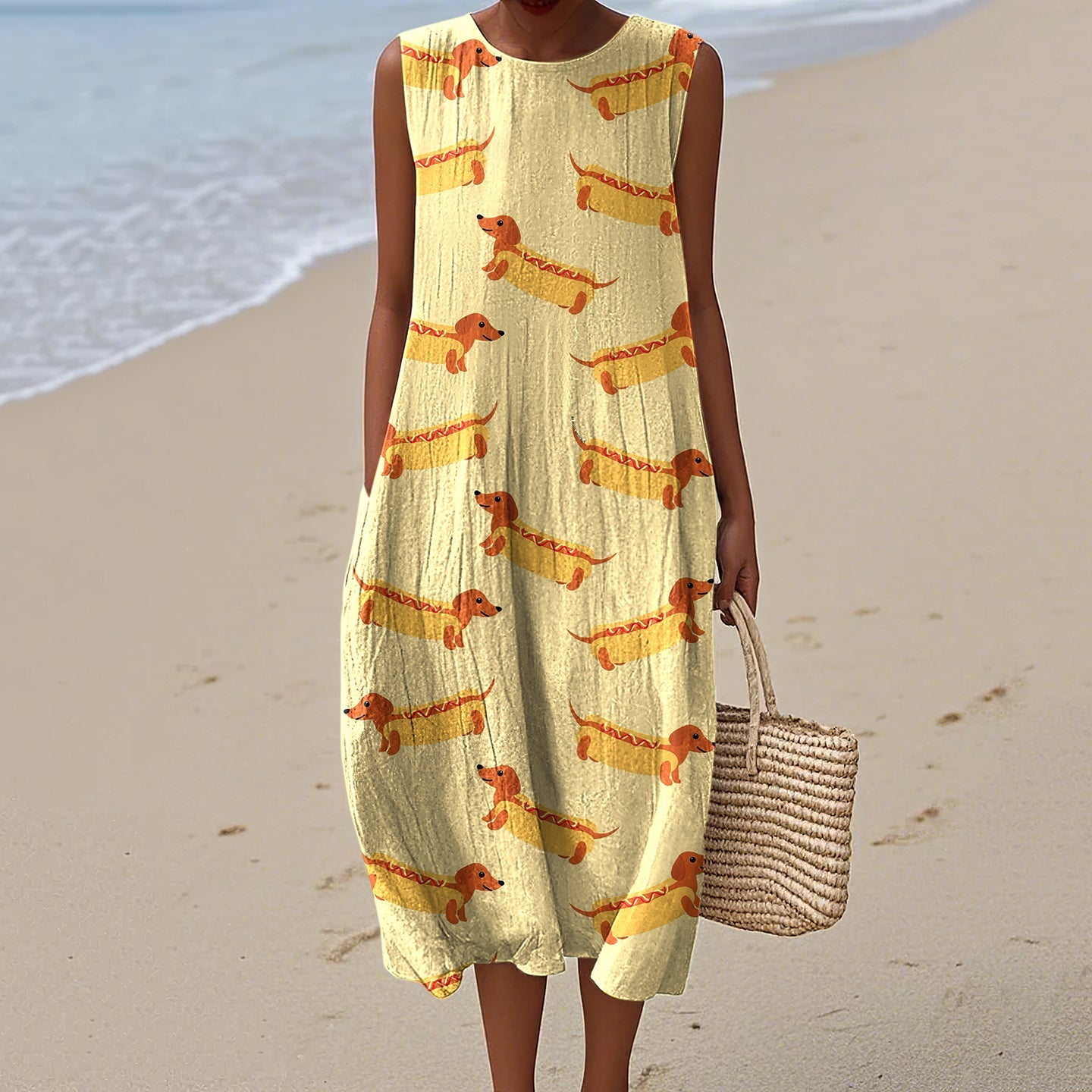 Retro Cute Dachshund  Sausage Dog Art Linen Tank Midi Dress elevenforest