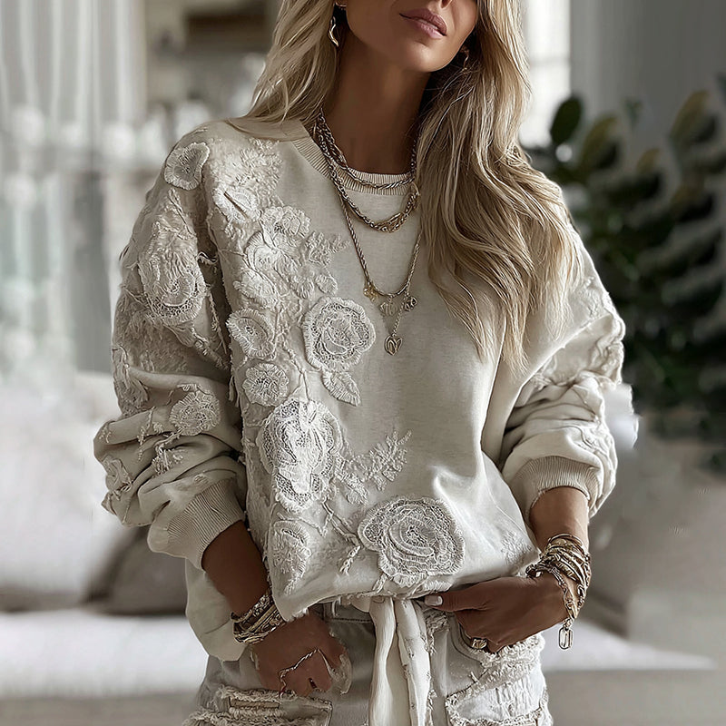 Women's Retro Floral Lace Patchwork Art Cozy Crew Neck Sweatshirt elevenforest