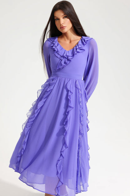 Long Sleeve V-neck Ruffle Midi Dress Purple