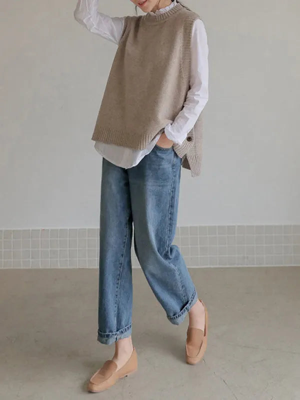 Simple Sleeveless Loose Buttoned Color Round-neck Sweater Vest Outerwear