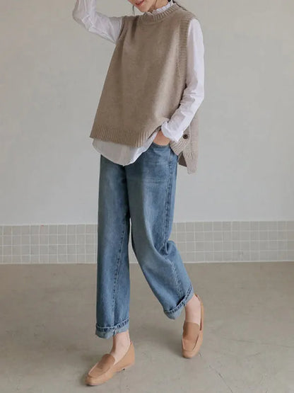 Simple Sleeveless Loose Buttoned Color Round-neck Sweater Vest Outerwear