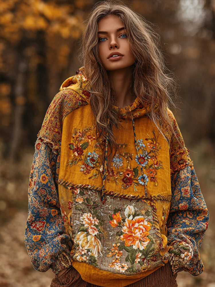 Bohemian Style Multi-color Patchwork Embroidery Flower Vintage Maple Leaf Yellow Hooded Long-sleeved Sweater elevenforest