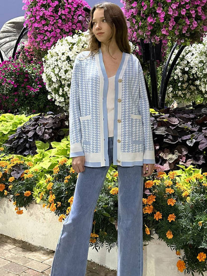 Taruxy Houndstooth Knitted Cardigan Loose Pockets Oversized Sweater Knitwear Cardigans Femme