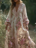 Bohemian Retro Pink Rose Lace Flowing Linen Maxi Dress elevenforest