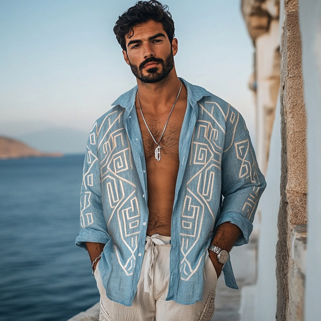 Men's Vintage Greek Key Pattern Linen Blend Comfy Blouse elevenforest