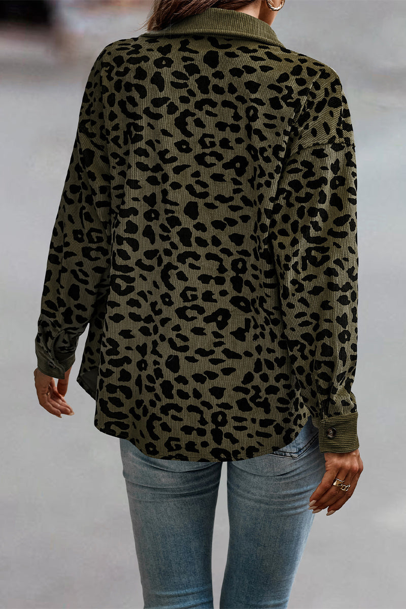 Sweet Leopard Pocket Turndown Collar Tops
