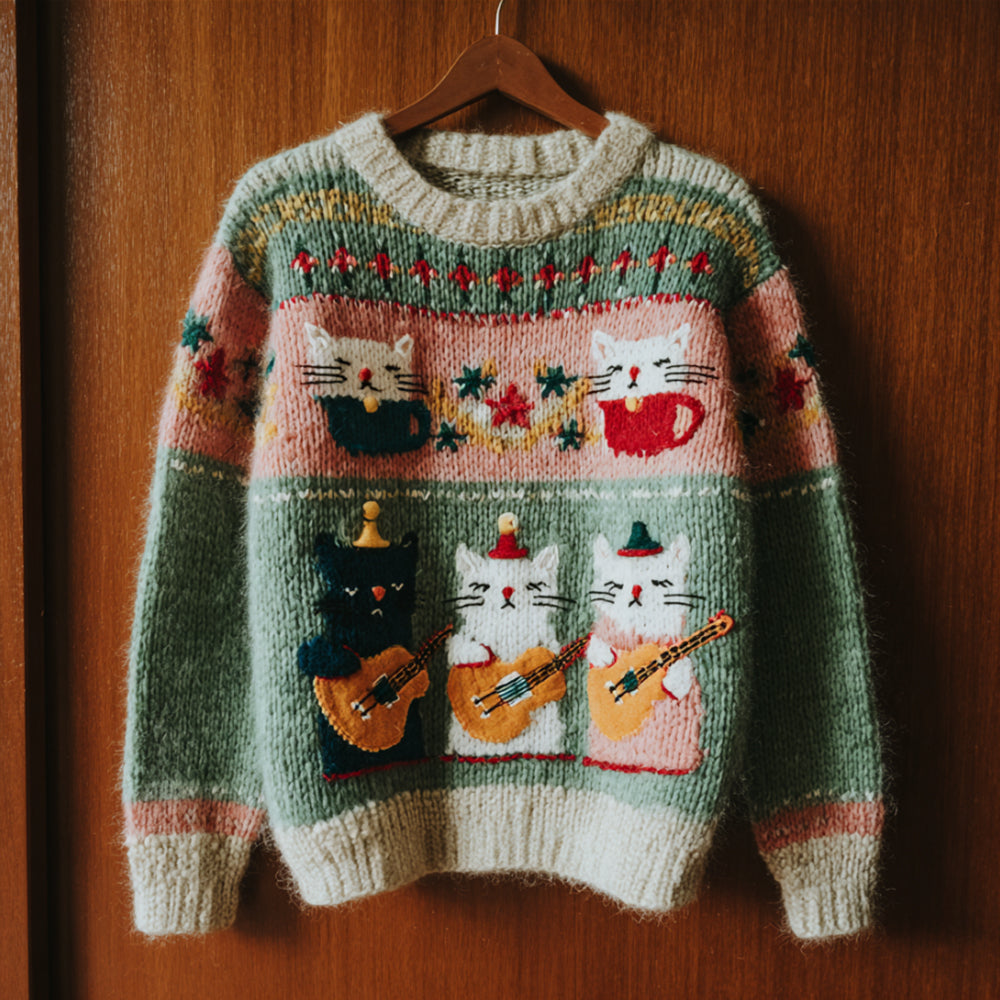 Comstylish Cat Playing Guitar Crew Neck Sweater