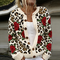Retro Leopard Print Rose Print Women's Cardigan Sweater elevenforest