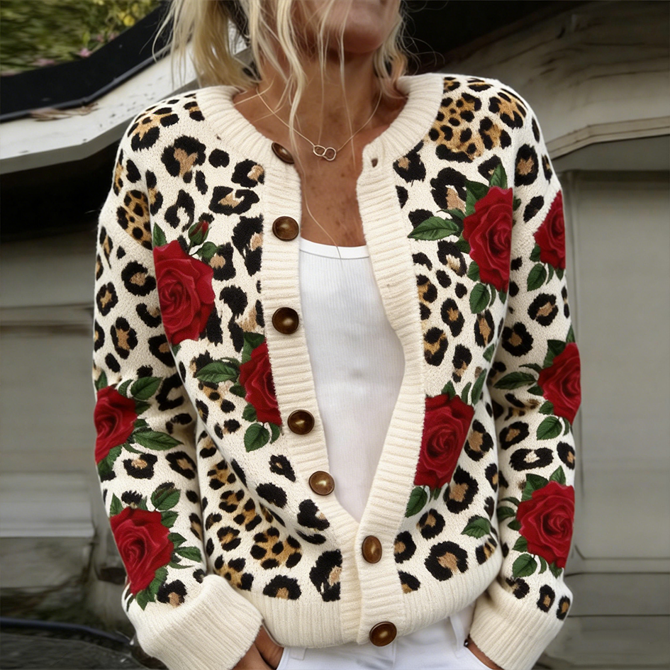 Retro Leopard Print Rose Print Women's Cardigan Sweater elevenforest