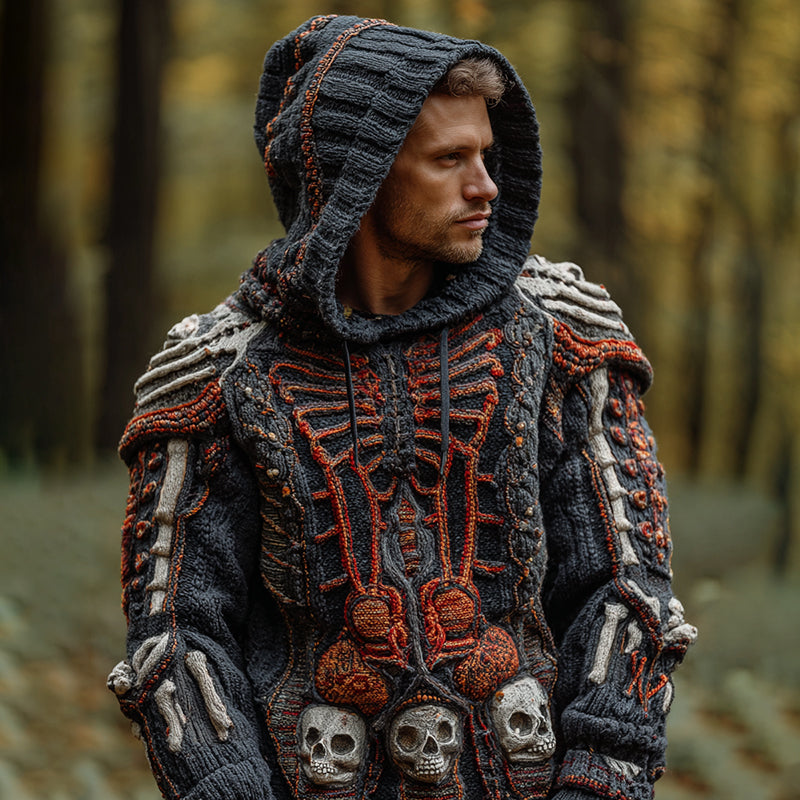 Men's Vintage Skull Art Cozy Knit Hooded Sweater elevenforest
