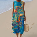 Women's Retro Water Ripple Line Art Print Cotton And Linen Dress elevenforest
