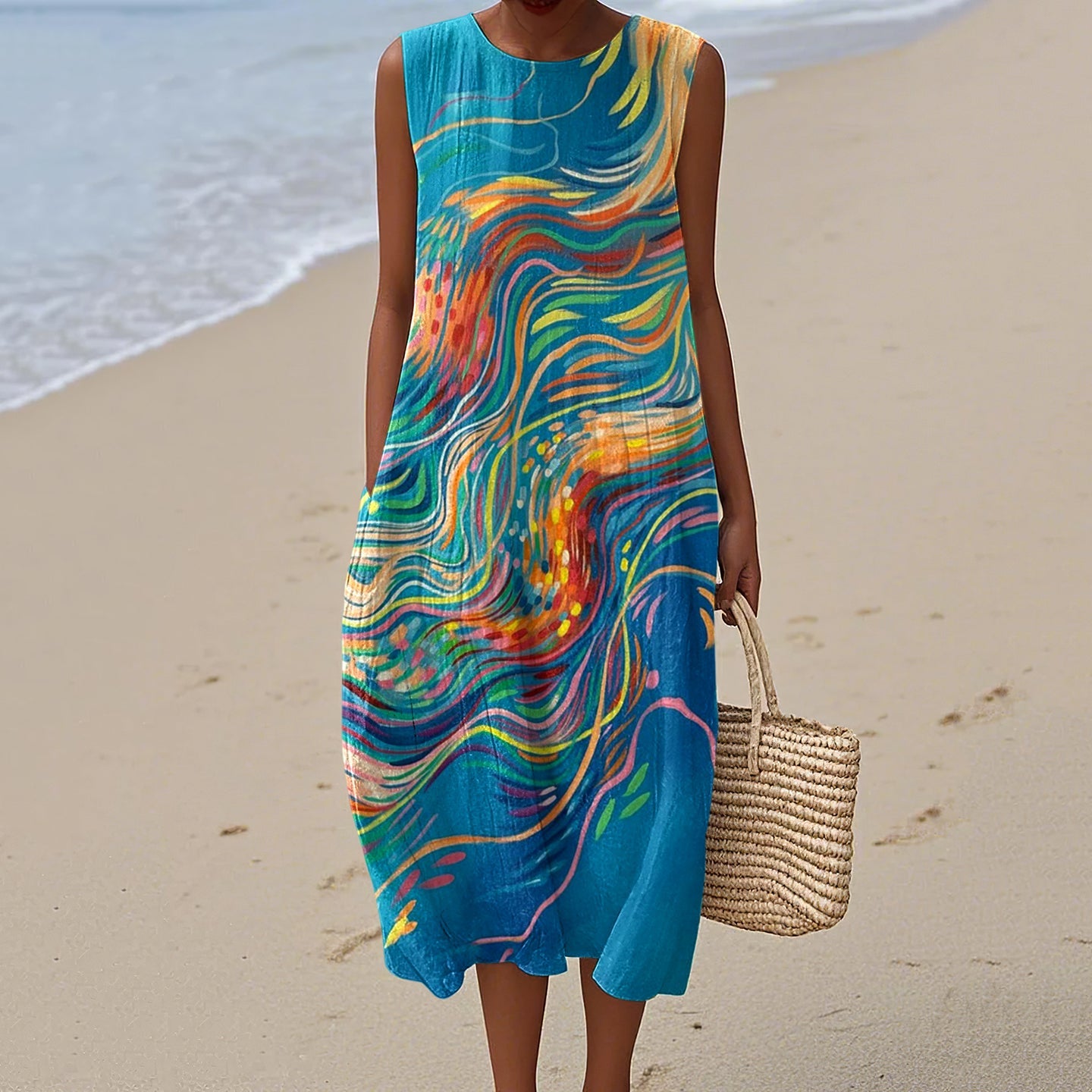 Women's Retro Water Ripple Line Art Print Cotton And Linen Dress elevenforest