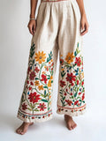 Boho Ethnic Floral Embroidery Art Women's Linen Trouser elevenforest
