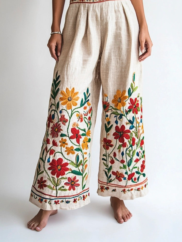 Boho Ethnic Floral Embroidery Art Women's Linen Trouser elevenforest