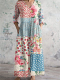Retro Floral Print Short Sleeve V Neck Midi Dress