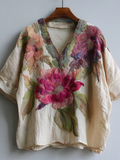 Bohemian-style Pink Floral Embroidery V-neck Short-sleeved Shirt With Sequins elevenforest