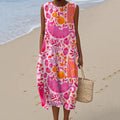 Comstylish Vintage Cute Cat Flowers Art Linen Midi Dress