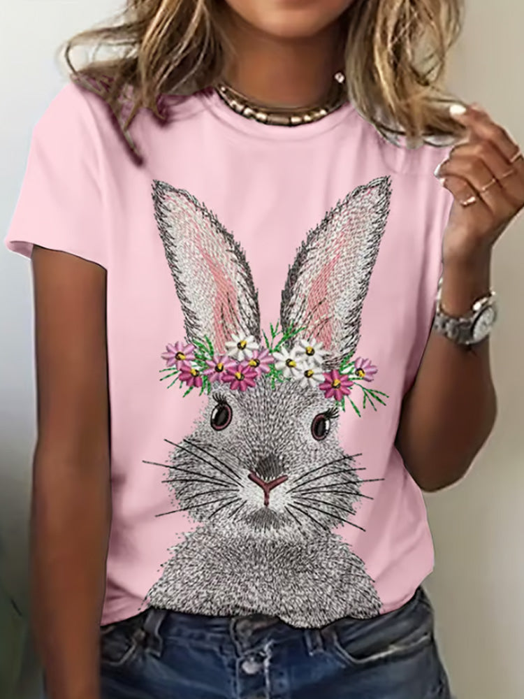 Comstylish Women's Easter Bunny Print Crew Neck T-shirt