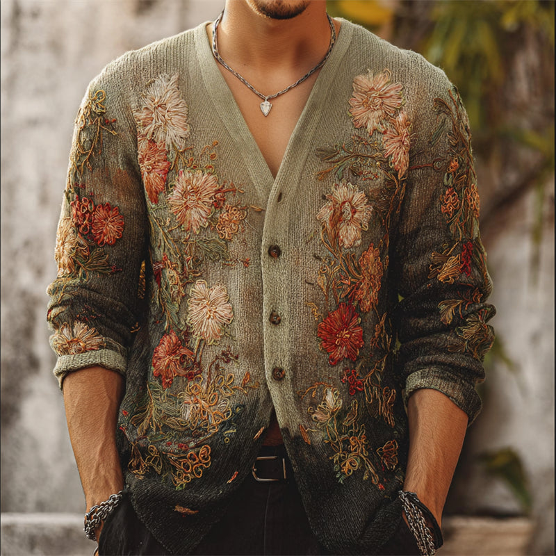 Men's Boho Floral Embroidered Gradient Dyed Comfy Knit Cardigan elevenforest
