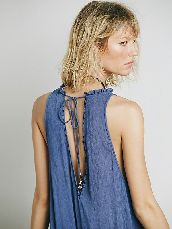 Dress Sleeveless V-neck Embroidered Gypsy Beach Vacation Teal Summer Long Tank Dress for