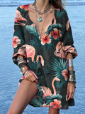 Flamingo and Tropical Leaves Women's Print Casual Cotton Dress